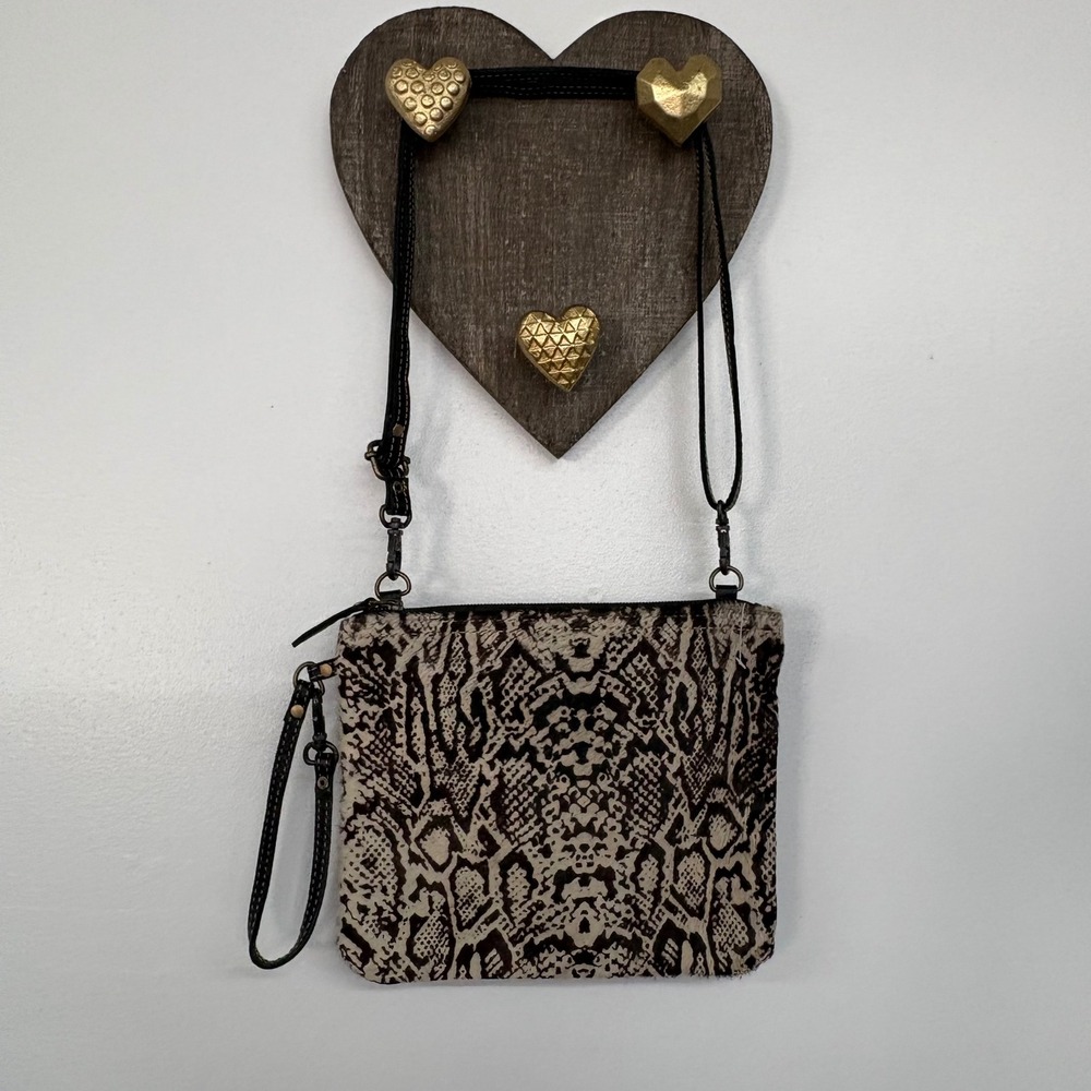 Myra Bag Cowhide Snakeskin Print Leather Crossbody‎ Wristlet Clutch Black Cream